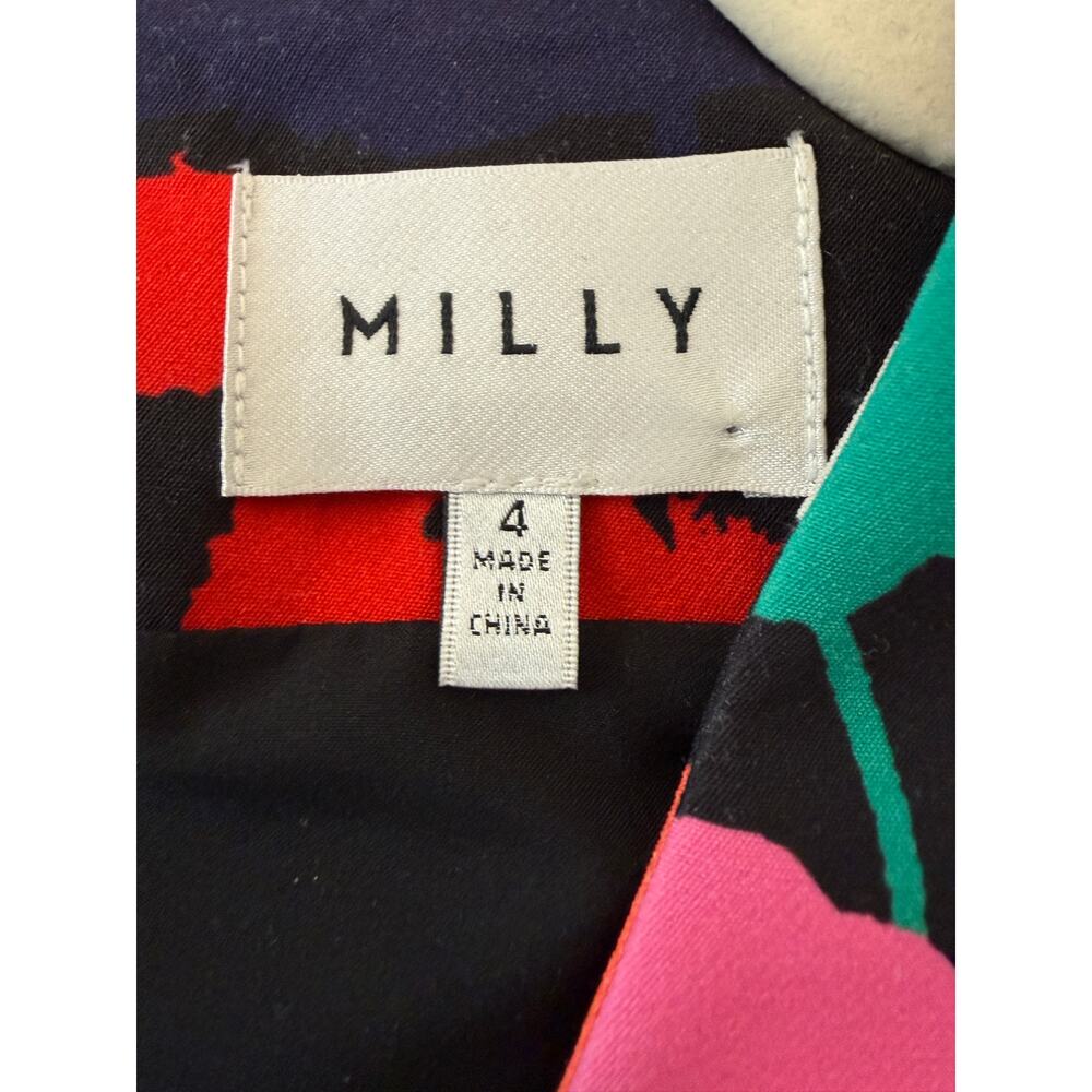 Milly Black Poppy Floral V-Neck Dress Size 4 Lined Short Sleeve Chic - Picture 3 of 9